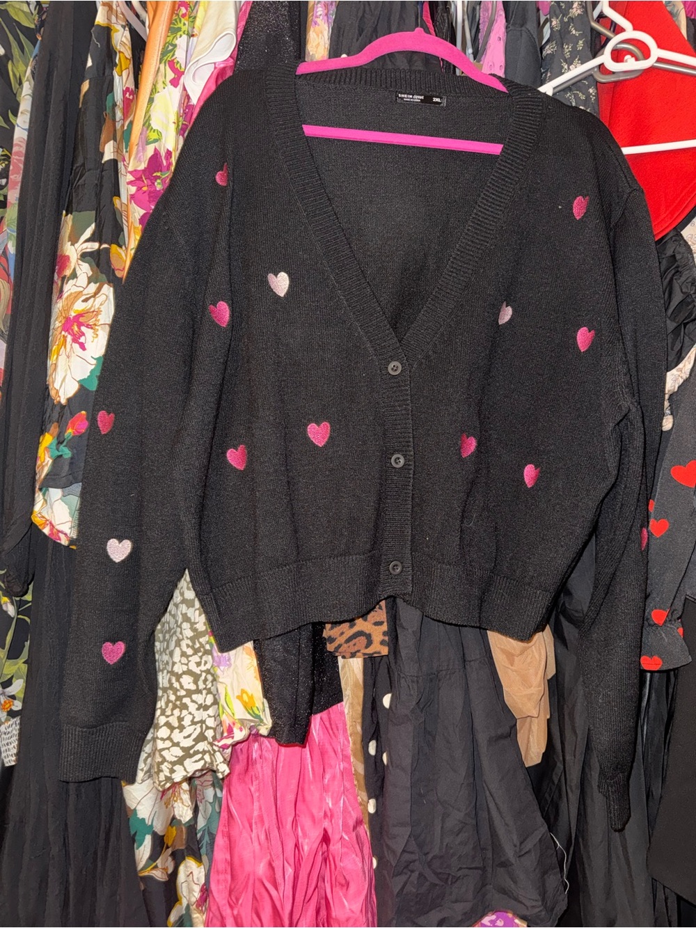 Black Heart-Print V-Neck Cardigan Sweater